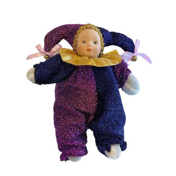 Mardi Gras Jester Porcelain Head Cloth Limbs Doll Vtg. Purple Gold Metallic 8" - Picture 1 of 4